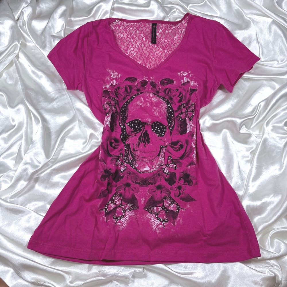 y2k T-Shirt Pink Excellent Hybrid Apparel Skull Rose Rhinestone Lace Back Top